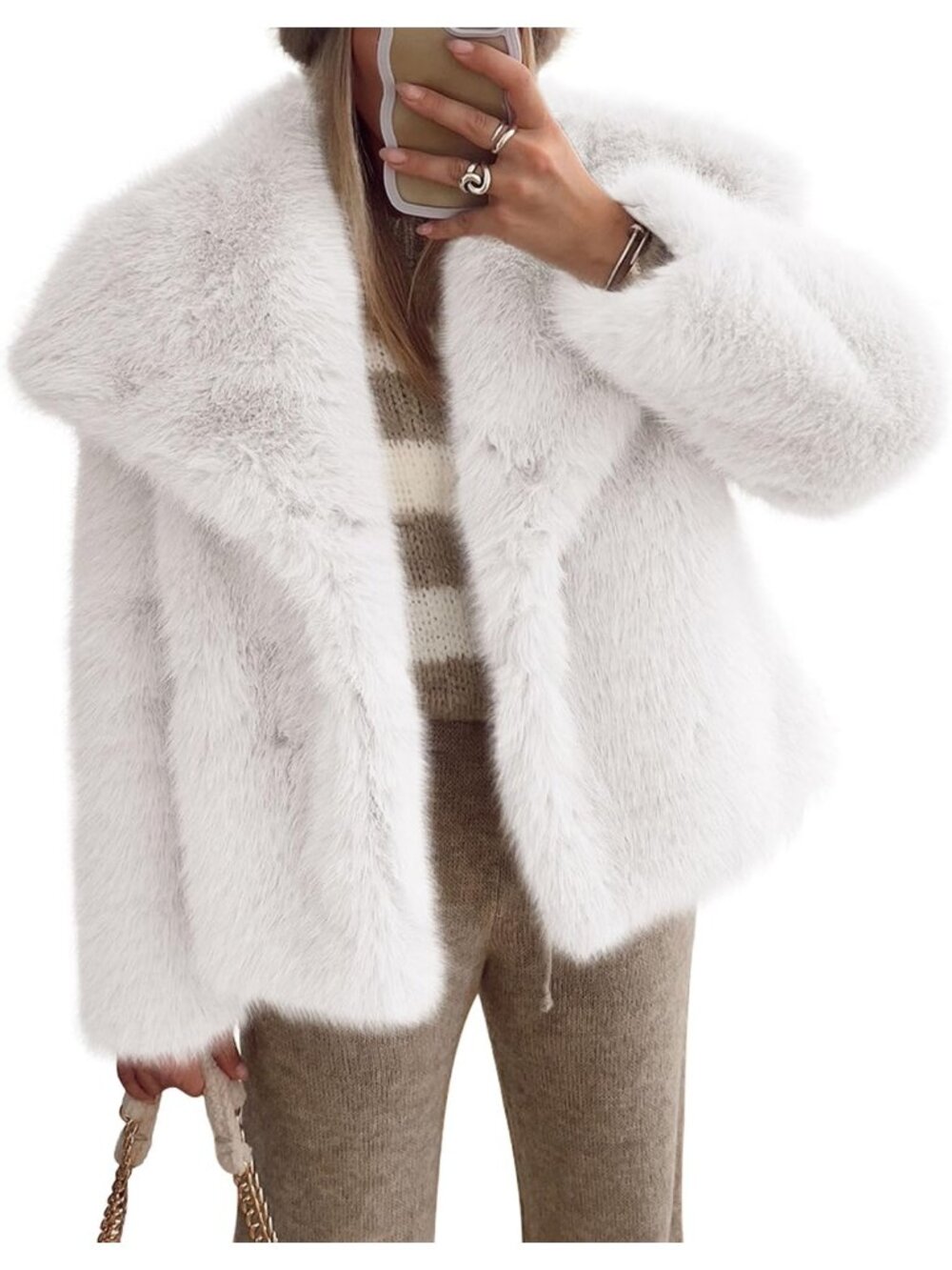 Women's White Winter Coats Faux Fur Oversized Jackets Shaggy Hidden Button